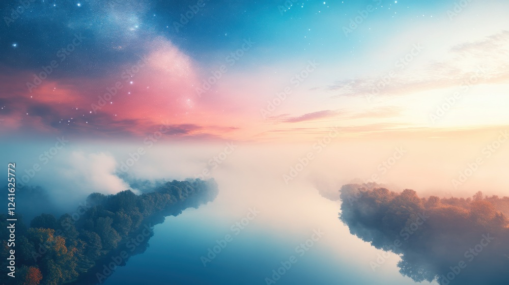 Naklejka premium Serene Morning Landscape with Mist Over Calm River and Colorful Sky
