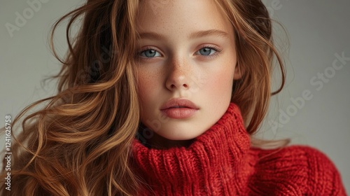 Young woman with long wavy auburn hair wearing a cozy red turtleneck sweater against a soft grey background showcasing beauty and style. photo