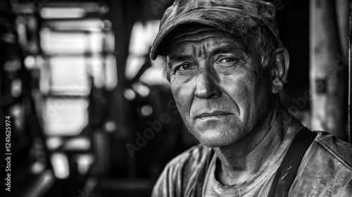 Expression of a mature factory worker with a weathered face and cap in a industrial setting, showcasing dedication and hard work in a monochrome palette.