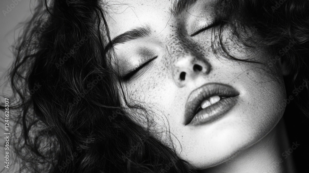 Studio portrait of a young woman with brunette curly hair and freckles, captured in a soft light, exuding sensuality and confidence in a minimalist setting. Studio portrait of a young woman with brunette curly hair and freckles, captured in a soft light, exuding sensuality and confidence in a minimalist setting.
