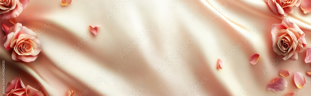 Luxurious mockup background with satin fabric texture, soft light reflections, and scattered roses, ideal for Saint Valentines Day and 8 March International Womens Day