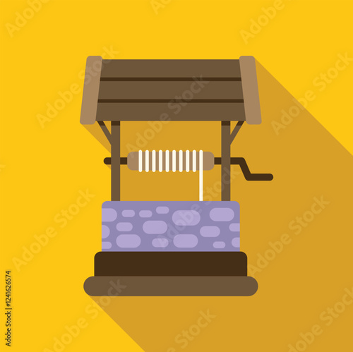 Wooden water well with rope and crank on yellow background representing access to fresh water in rural or historical settings