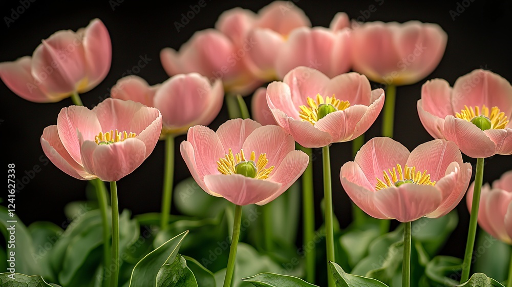 Elegant Arrangement of Pastel Colored Tulips Blooming in Floral Display against Dark Backdrop. Elegant Arrangement of Pastel Colored Tulips Blooming in Floral Display against Dark Backdrop.