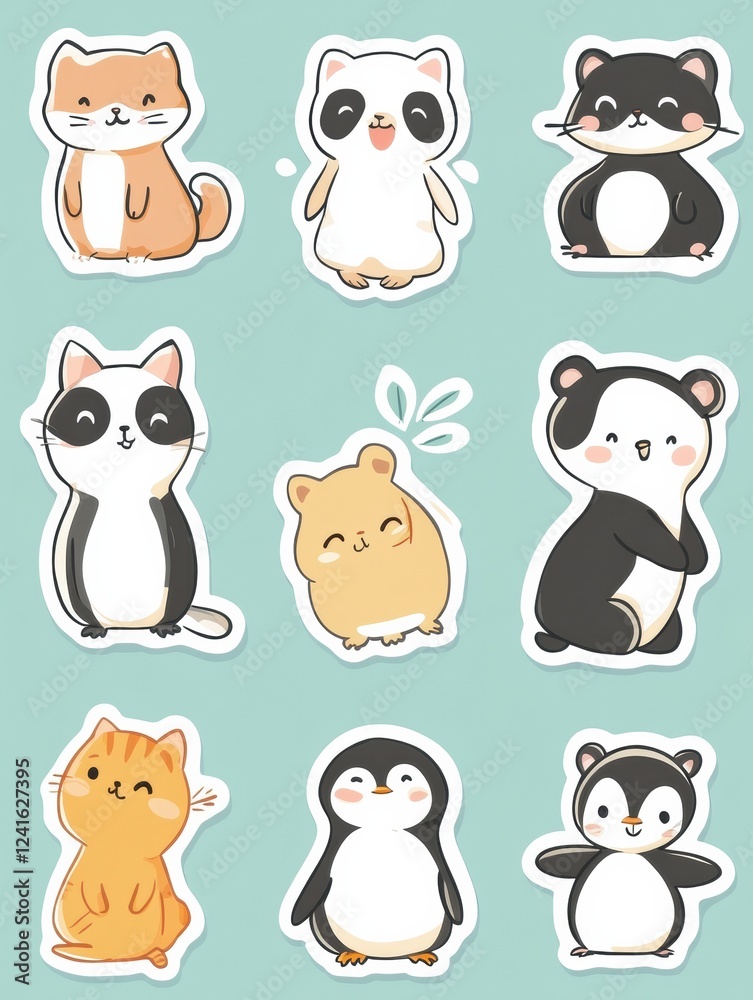Fototapeta premium Cute animal stickers showcasing adorable designs of cats, pandas, and more on a light background. Generative AI