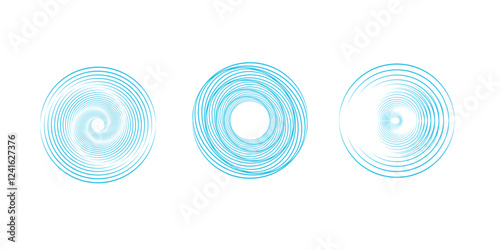 Set of abstract swirling symbols. Technology glowing colored sphere, triangle and square. Twisted wireframe tunnel.