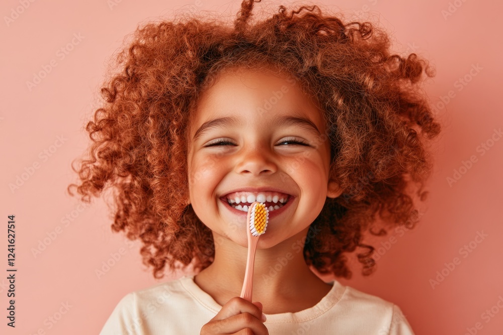 Happy Child Smiles Brightly While Holding a Toothbrush Against a Pastel Pink Background in a Minimalistic Setting Happy Child Smiles Brightly While Holding a Toothbrush Against a Pastel Pink Background in a Minimalistic Setting