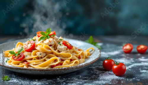 Pasta with crab meat and tomatoes on complex background