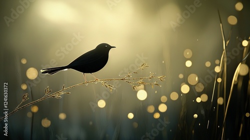   A black bird sat on a twig amidst a green field, dotted with raindrops behind it