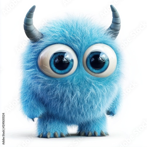 cute fluffy monster made of soft fur with big round eyes and tiny horns, isolated on white