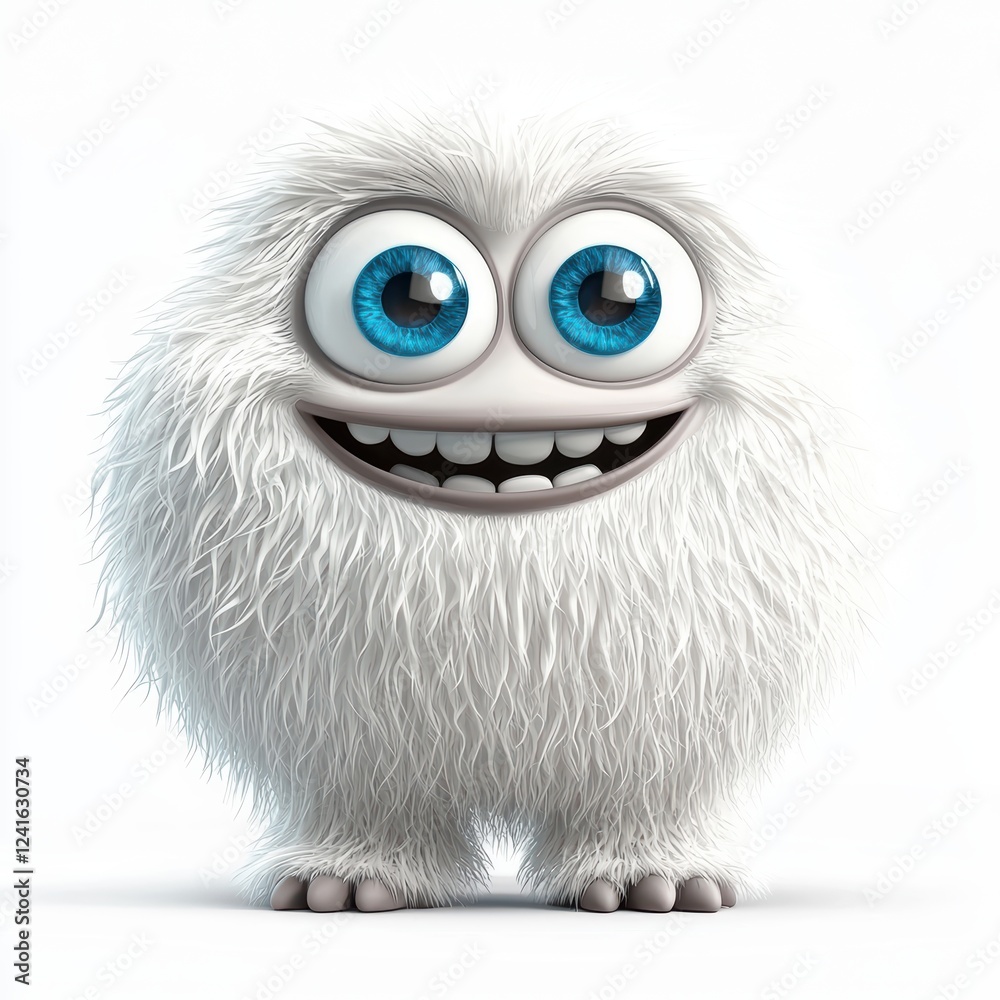 friendly yeti with fluffy white fur and big blue eyes, smiling happily, isolated on white friendly yeti with fluffy white fur and big blue eyes, smiling happily, isolated on white