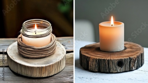 Rustic candles on wooden stands with glowing flames. photo