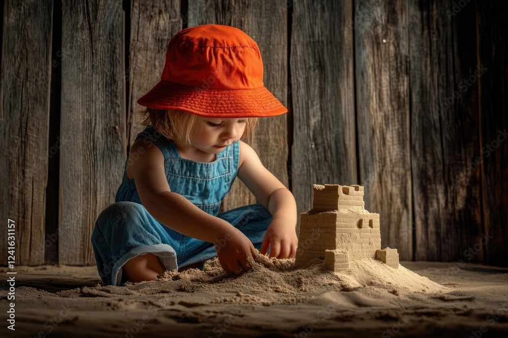 Obraz premium A toddler in an orange hat builds a sandcastle against a rustic wooden backdrop.