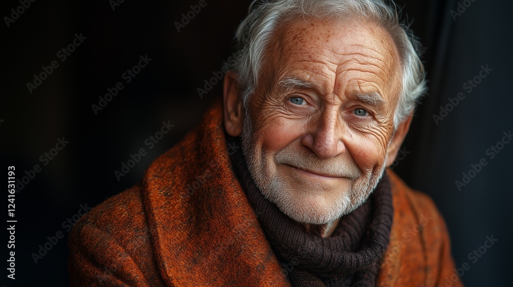 An elderly man with a warm smile and kind eyes wrapped in an orange scarf against a dark background An elderly man with a warm smile and kind eyes wrapped in an orange scarf against a dark background