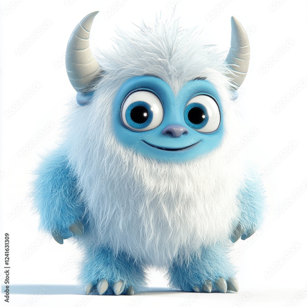Obraz premium cute yeti with icy blue fur, tiny horns, and a playful expression, standing in a snowy landscape, isolated on white