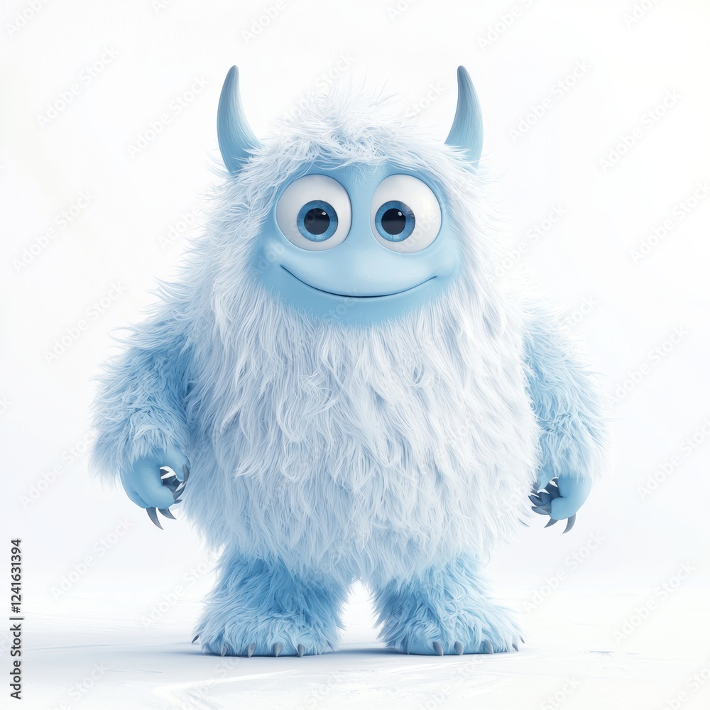 Obraz premium cute yeti with icy blue fur, tiny horns, and a playful expression, standing in a snowy landscape, isolated on white