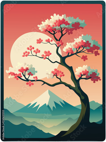 A stylized illustration featuring a cherry blossom tree against a mountainous backdrop at sunset.