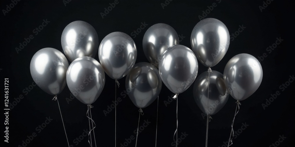 A cluster of elegant silver balloons floats against a stark black backdrop, creating a sophisticated and celebratory atmosphere. A cluster of elegant silver balloons floats against a stark black backdrop, creating a sophisticated and celebratory atmosphere.