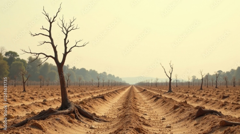 Fototapeta premium Arid Landscape Rows of Withered Trees and a Dusty Path Leading to a Hazy Horizon