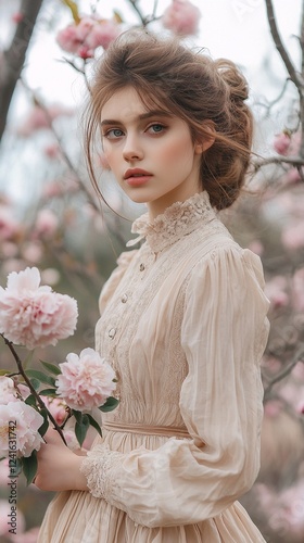 a woman in a vintage-style dress standing next to a tree with pink flowers. photo