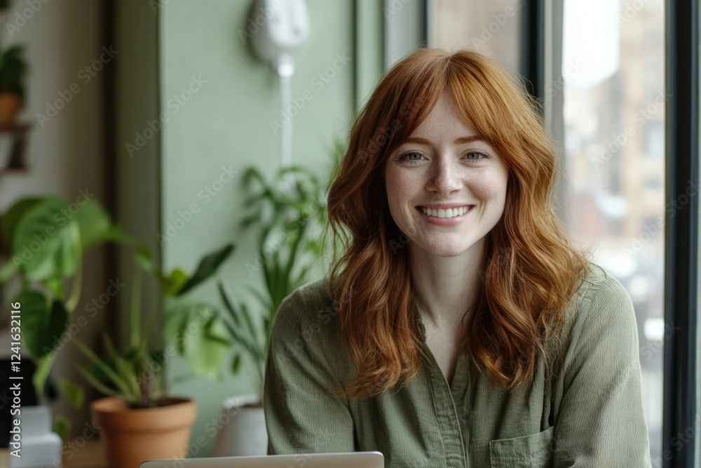A smiling redhead woman sits near a window in a green shirt. A smiling redhead woman sits near a window in a green shirt.