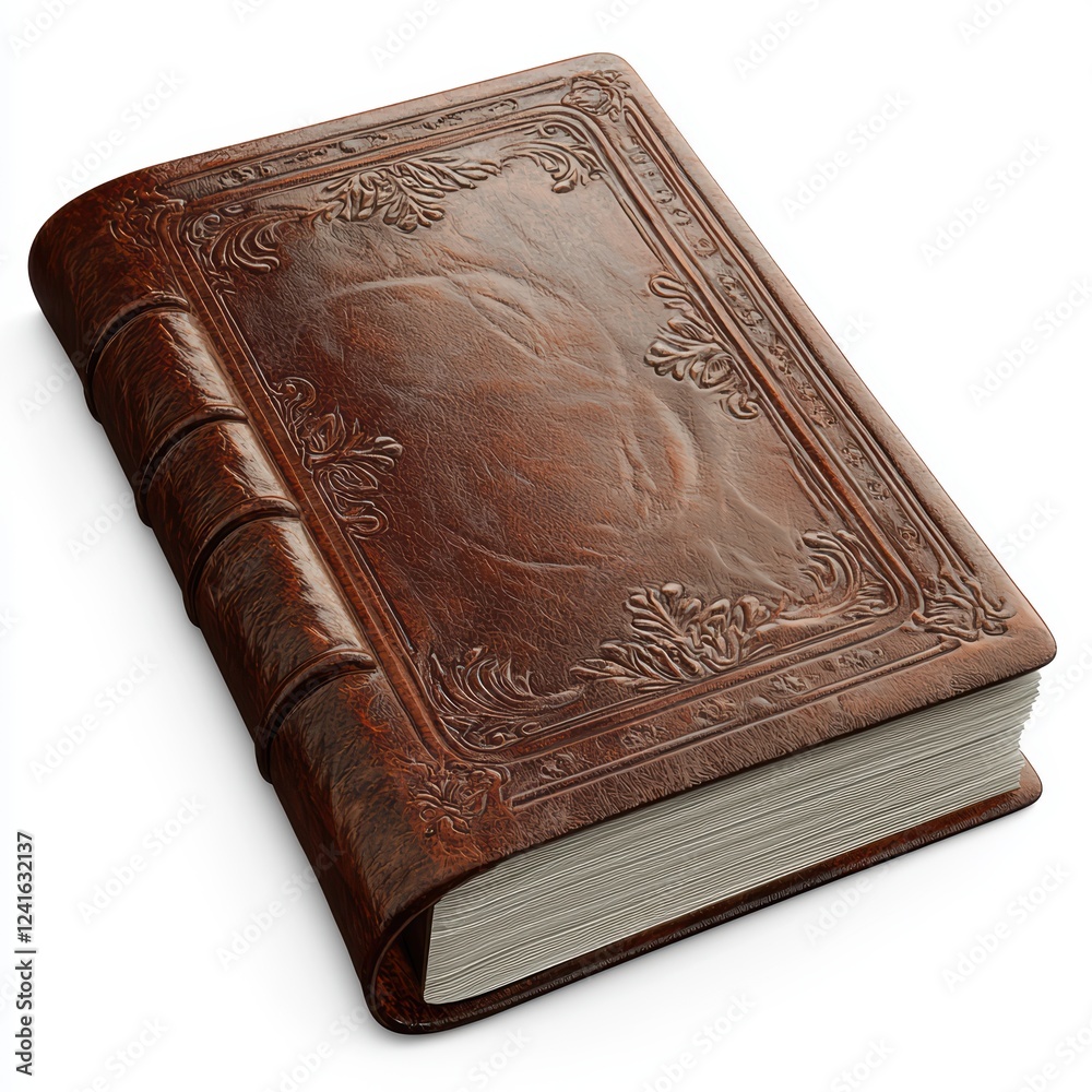 Fototapeta premium Leather-bound journal with a classic embossed cover, isolated on a bright white background