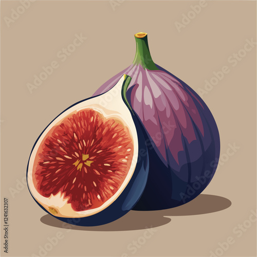 A stylized illustration of a fig, showcasing its outer skin and inner flesh.