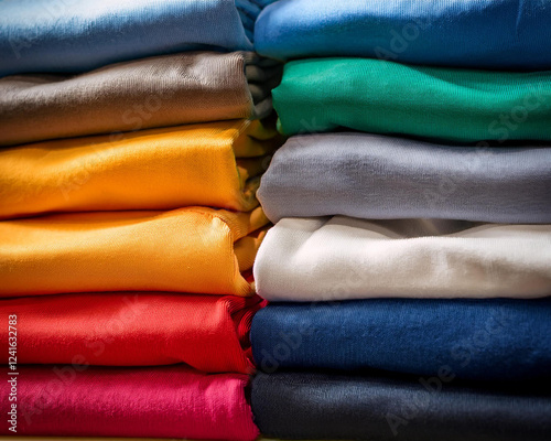 An up-close look at a neatly arranged pile of different colored garments, emphasizing the folds and textures
