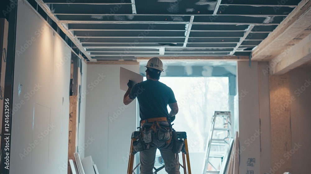 Fototapeta premium A construction worker installing drywall on a wall.