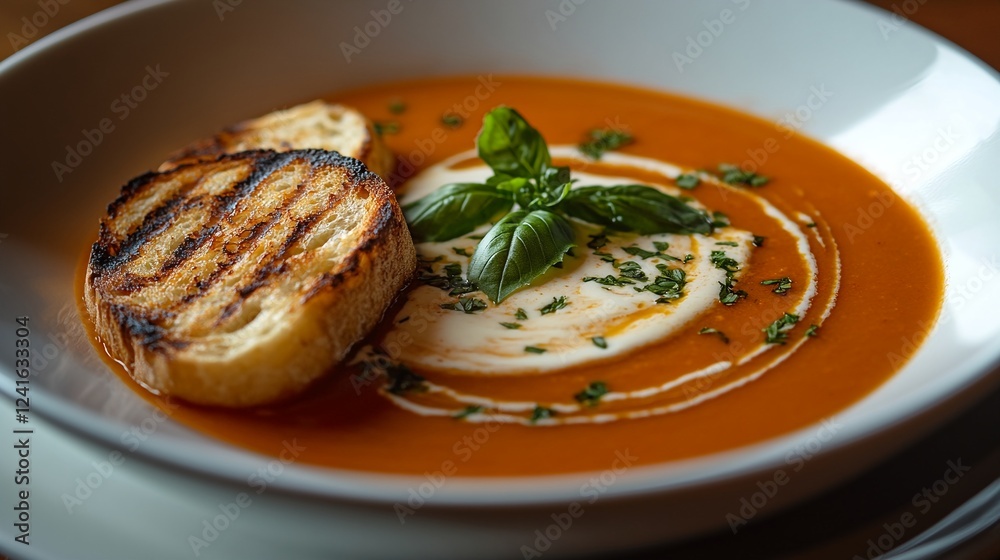 Tomato soup garnished with grilled bread and basil. Tomato soup garnished with grilled bread and basil.