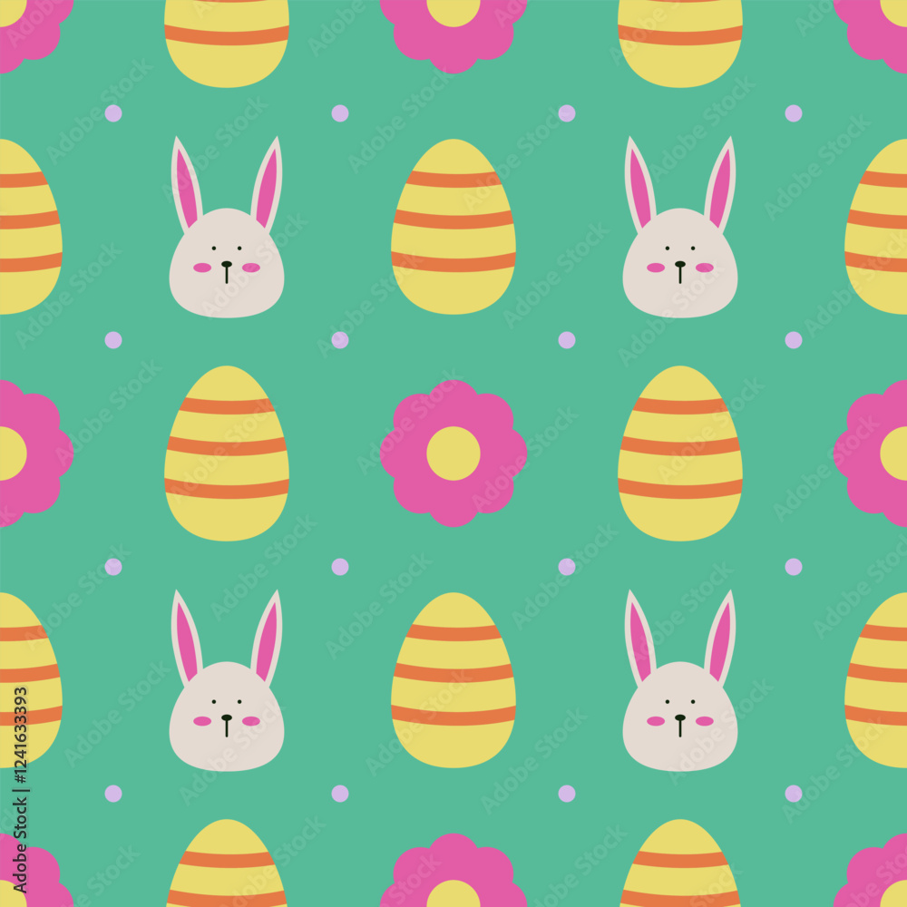 Seamless Easter pattern featuring bunny faces, decorated eggs, and flowers in a cute and festive style. Seamless Easter pattern featuring bunny faces, decorated eggs, and flowers in a cute and festive style.