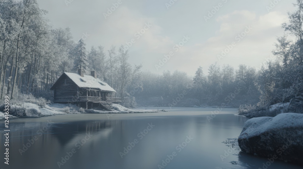 Fototapeta premium Serene Winter Landscape with Cabin by Tranquil Frozen Lake