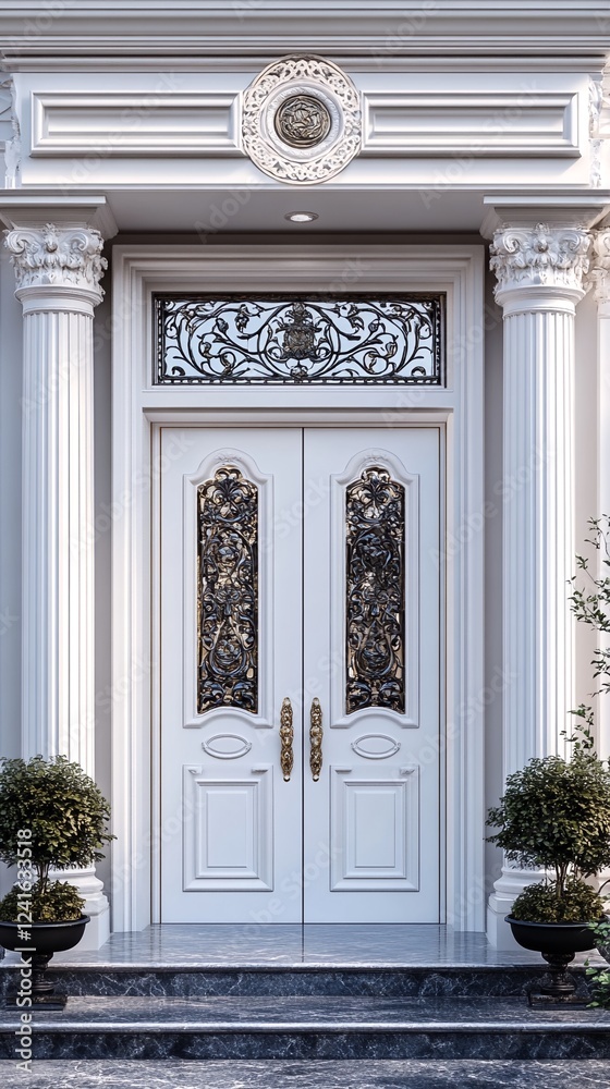 entrance to a large white building with ornate details and marble steps. entrance to a large white building with ornate details and marble steps.