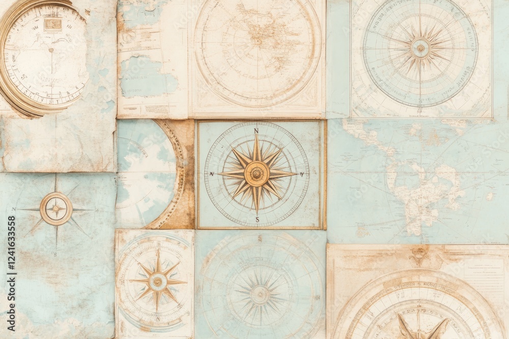 Fototapeta premium Collage of Nautical Charts, Compass Designs, and Map Fragments in Faded Blue and Gold Tones for Minimalist Decor
