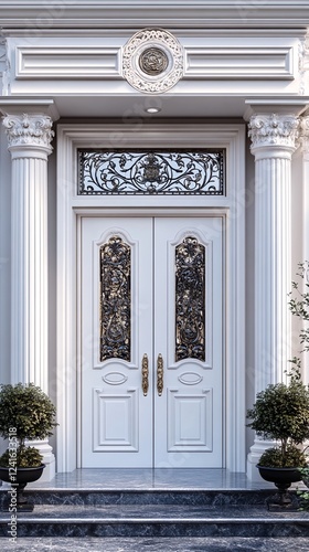 entrance to a large white building with ornate details and marble steps. photo