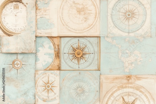 Wallpaper Mural Collage of Nautical Charts, Compass Designs, and Map Fragments in Faded Blue and Gold Tones for Minimalist Decor Torontodigital.ca