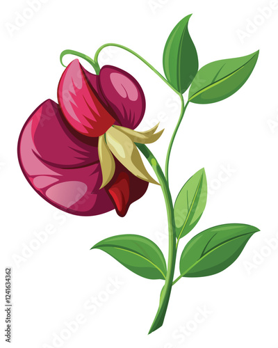 A vibrant illustration of a pea flower with green leaves.