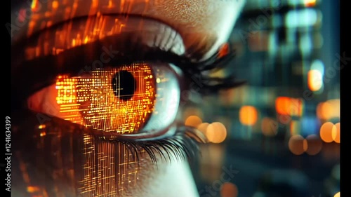 A close-up of an eye reflecting digital patterns and glowing elements.