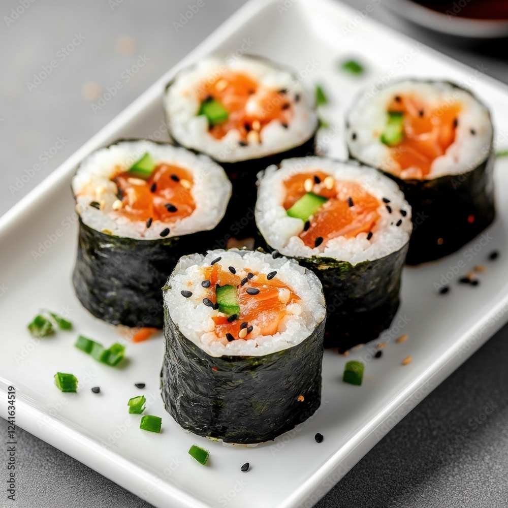Fresh sushi rolls served on a white plate with colorful ingredients and a subtle garnish. Generative AI Fresh sushi rolls served on a white plate with colorful ingredients and a subtle garnish. Generative AI