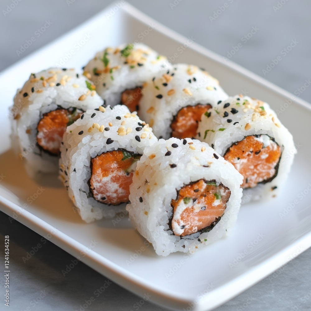 Satisfying plate of sushi rolls filled with salmon and cream cheese, garnished with sesame seeds. Generative AI Satisfying plate of sushi rolls filled with salmon and cream cheese, garnished with sesame seeds. Generative AI