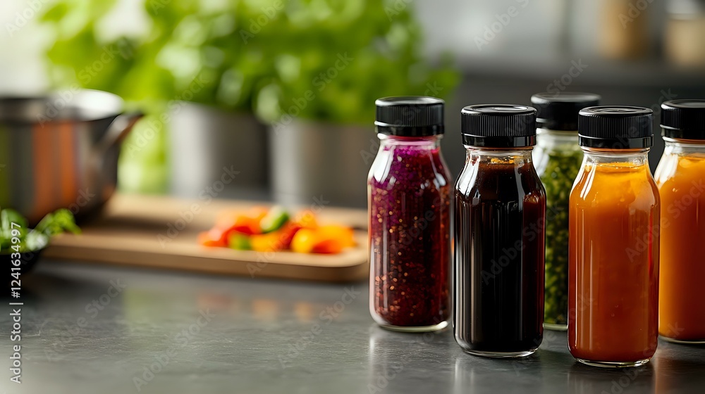 Fresh colorful detox juices and smoothies in glass bottles on dark counter, healthy drinks with fruits and vegetables, selective focus on foreground. Fresh colorful detox juices and smoothies in glass bottles on dark counter, healthy drinks with fruits and vegetables, selective focus on foreground.