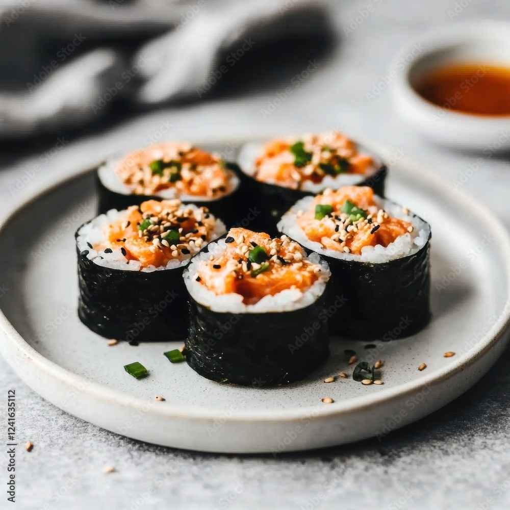 Freshly prepared sushi rolls with salmon and sesame served on a minimalist plate at a casual dining setting. Generative AI Freshly prepared sushi rolls with salmon and sesame served on a minimalist plate at a casual dining setting. Generative AI