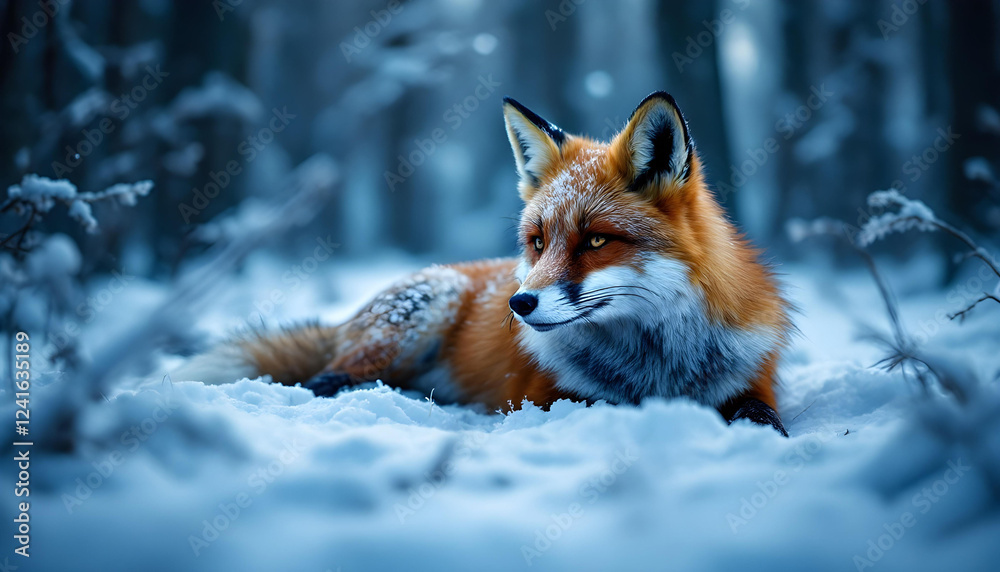 The fox lies in the snow. Night in the forest. Severe frost. Slightly blurry background. 8K quality. The fox lies in the snow. Night in the forest. Severe frost. Slightly blurry background. 8K quality.