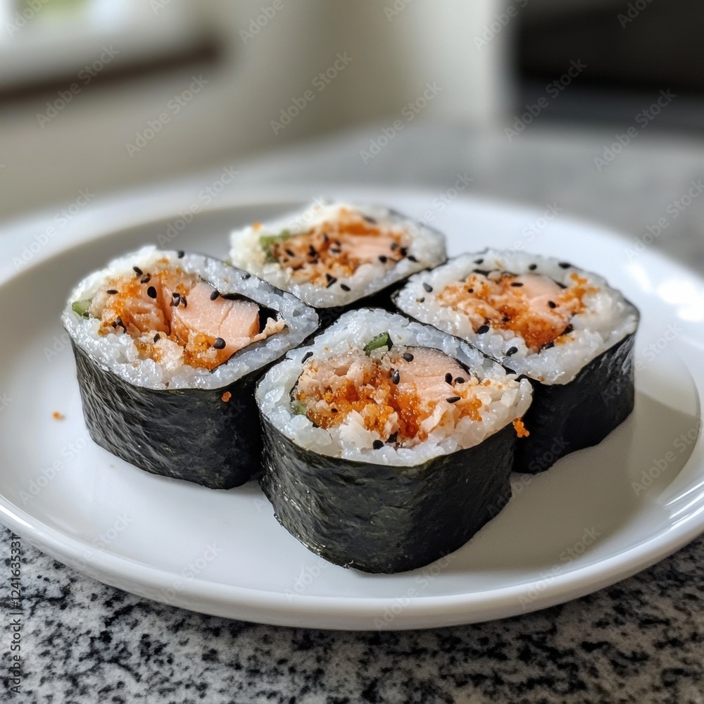 Freshly prepared sushi rolls on a white plate arranged artistically on a granite countertop in a well-lit kitchen. Generative AI Freshly prepared sushi rolls on a white plate arranged artistically on a granite countertop in a well-lit kitchen. Generative AI