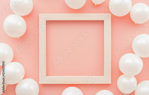 Un cadre en bois clair entouré de ballons blancs, posé sur un fond rose pastel. photo