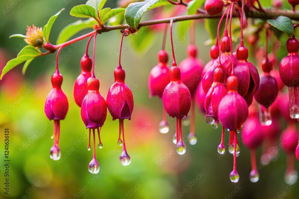 Fototapeta premium Fuchsia berries dripping from a branch on a tree, fuchsia, leaves, berries, natural scenery, autumn
