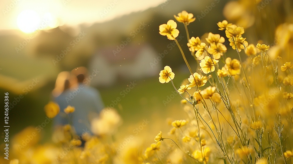Obraz premium A man and a woman stand in a sunlit field of yellow flowers