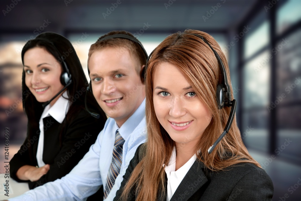 Call center, woman with headset communication in office Call center, woman with headset communication in office