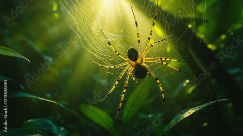 Golden Orb Weaver in a Tropical Forest: A stunning shot of a golden orb-weaving spider spinning silk in a dense jungle, with sunlight filtering through the trees, illuminating the golden threads of it photo