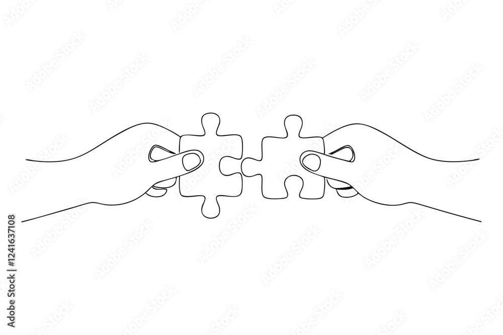 hand holding a igsaw Puzzle Pieces. Continuous Line Drawing of Hands Assembling Jigsaw Puzzle Pieces: Symbolizing Teamwork, Problem Solving, and Collaboration