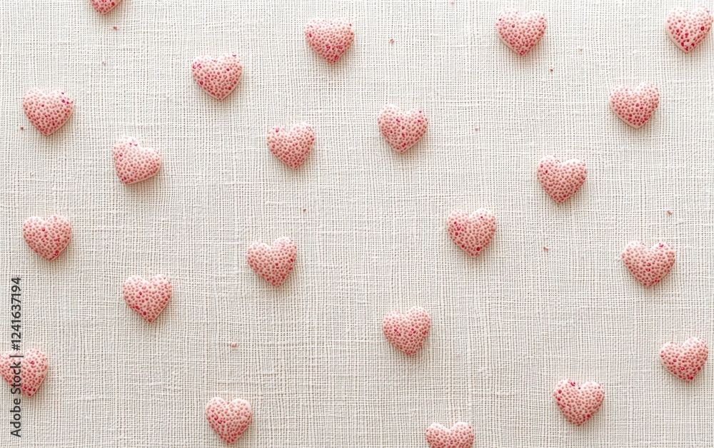 Fototapeta premium Minimalist mockup background with space for text decorated with delicate hand-drawn heart outlines scattered over a neutral canvas texture for Saint Valentines Day and 8 March International Womens Day